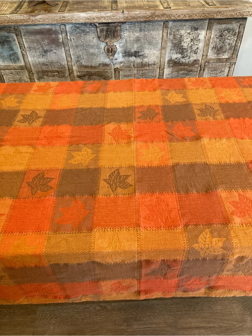 Fall Autumn Plaid Tablecloth Cotton Leaves Orange Brown 71 x 52”